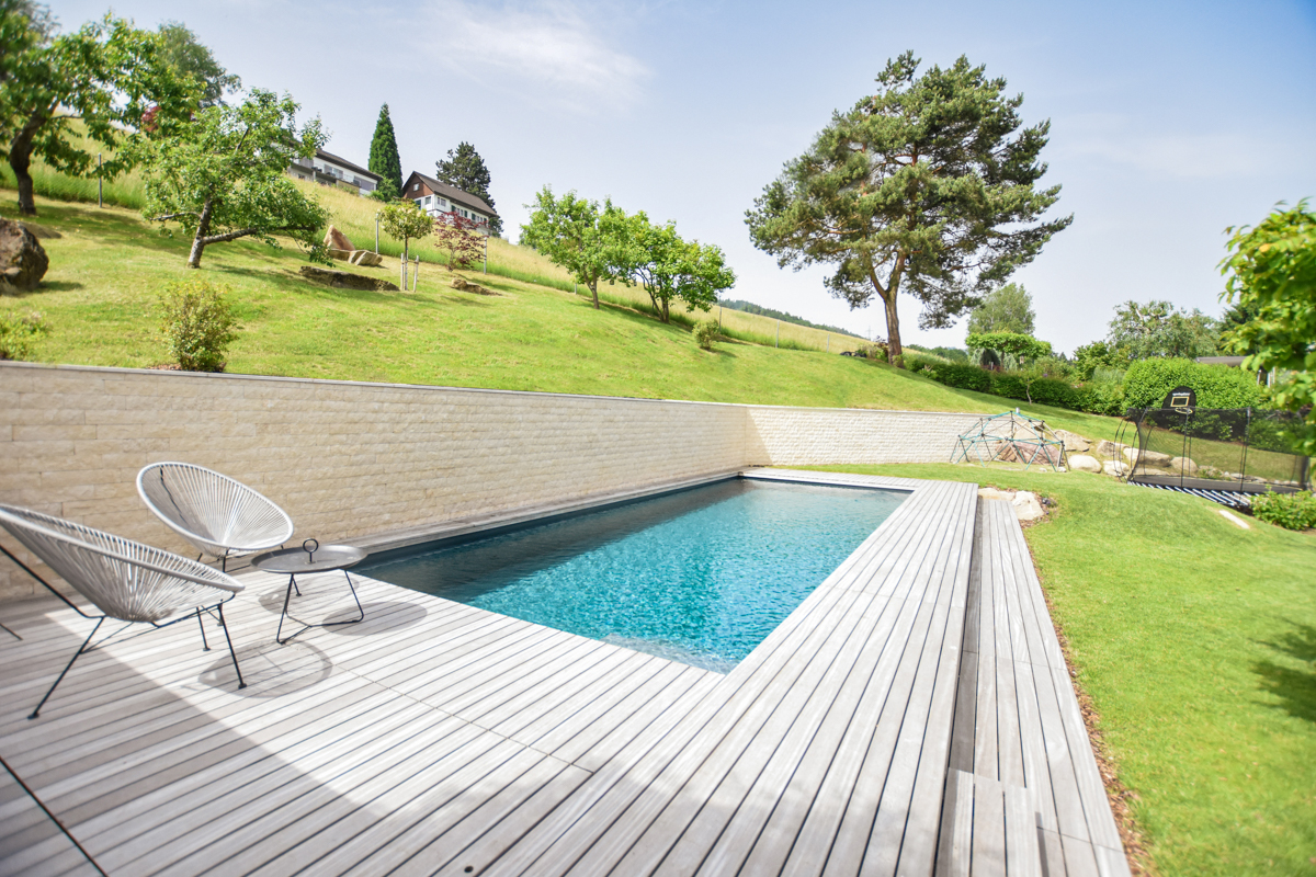 Living Pool in einem modernen Garten mit einer Böschung