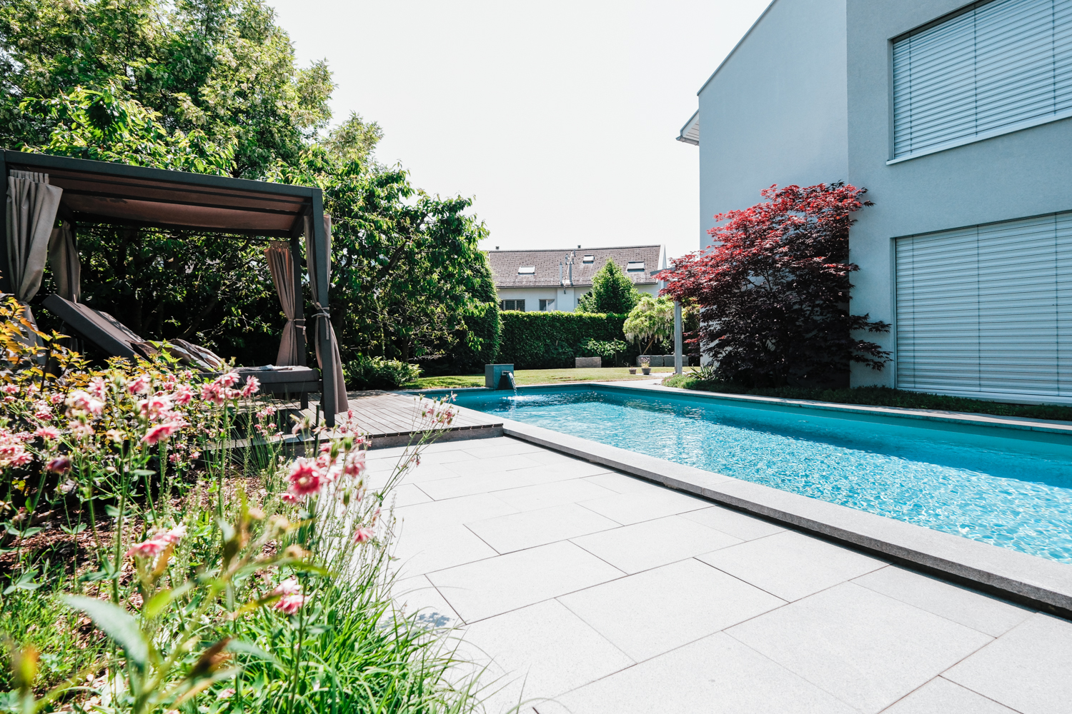 Ein natürlicher Garten mit einem modernen Swimmingpool